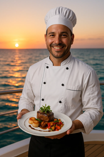 Private chef in Cancun smiling and holding a gourmet seafood dish on a yacht at sunset