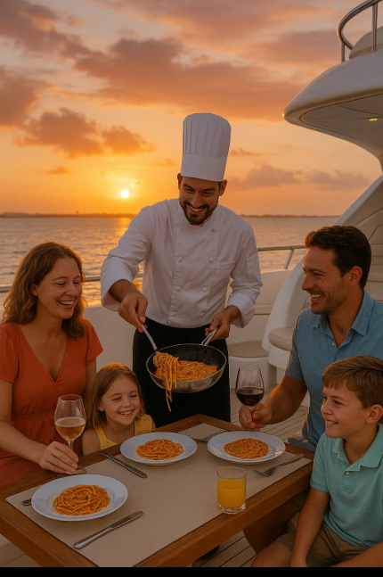 Private chef serving pasta to a smiling family during sunset dinner on a yacht in Cancun
