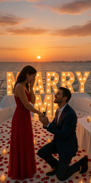 Marriage proposal at sunset on a private yacht in Cancun with "Marry Me" lights, rose petals, and ocean backdrop