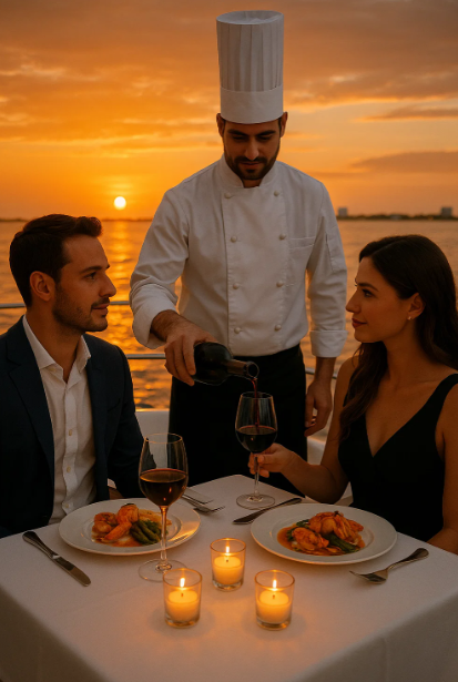 Romantic dinner on a private yacht in Cancun with a personal chef pouring wine at sunset