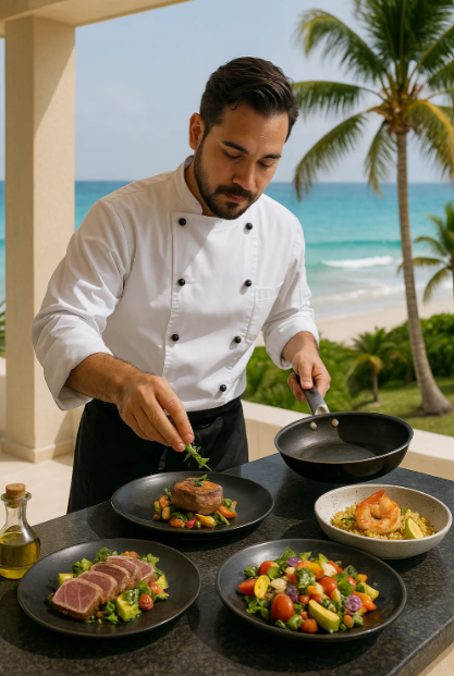 Private chef in Cancun plating gourmet dishes on a beachfront terrace – villa dining experience in Mexico