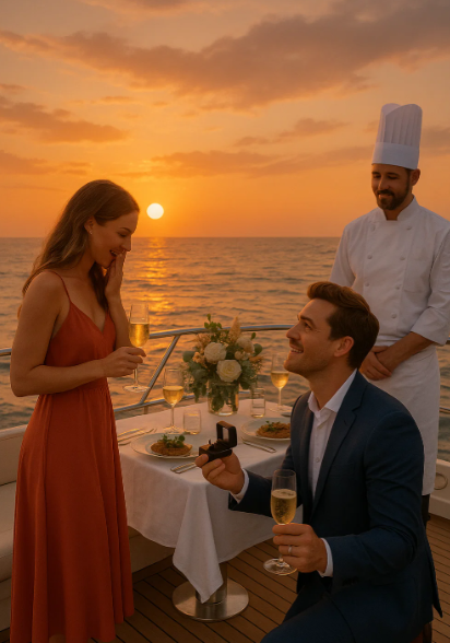 Romantic yacht proposal at sunset in Cancun with a private chef presenting champagne. Elegant dinner table setup with candles and ocean view.