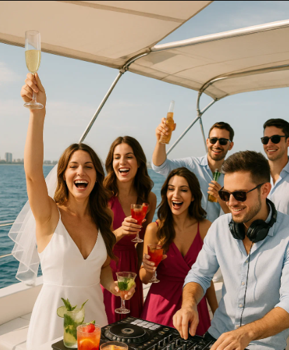 Group of young friends celebrating a bachelorette party on a yacht in Cancun. Women wearing beach dresses and flower crowns, holding cocktails and laughing. Tropical vibe with clear skies and ocean view.