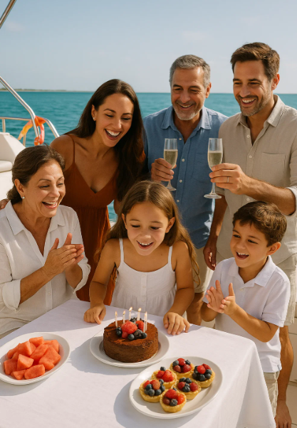 Smiling family of six enjoying a private yacht celebration in Cancun. Parents and kids gathered around a festive table with gourmet desserts, tropical fruits, and sea in the background. Relaxed and joyful atmosphere.