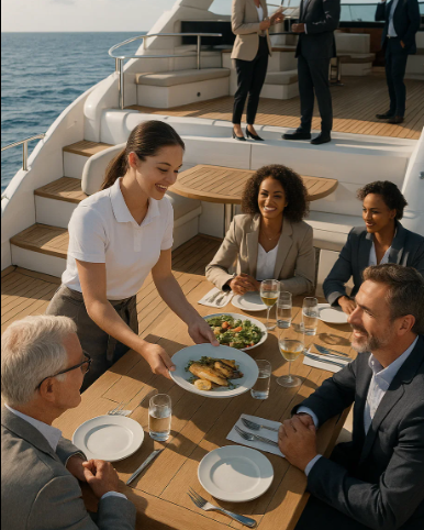 Business professionals having a catered lunch meeting on a private yacht in Cancun. A private chef is serving gourmet food as colleagues discuss over documents and laptops. Ocean view in the background, calm and elegant setup.