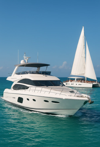 Luxury yacht sailing near Cancun under a clear blue sky. Sleek modern design with white sails and turquoise Caribbean water below. Ideal for private group events or intimate celebrations at sea.