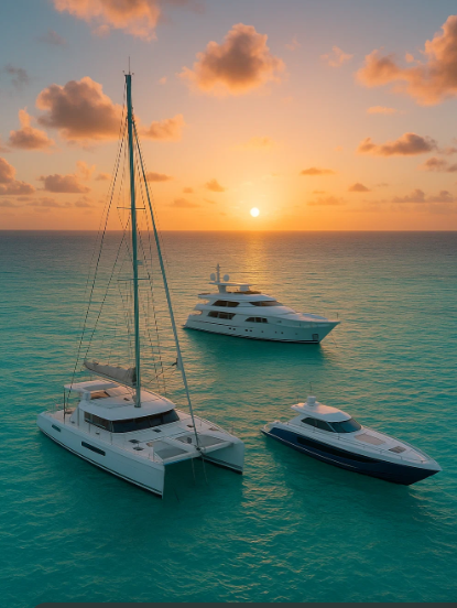 Three luxury boats – a private yacht, catamaran, and speedboat – anchored in turquoise waters near Cancun during a golden sunset. Calm sea, vibrant sky, and a sense of serenity.