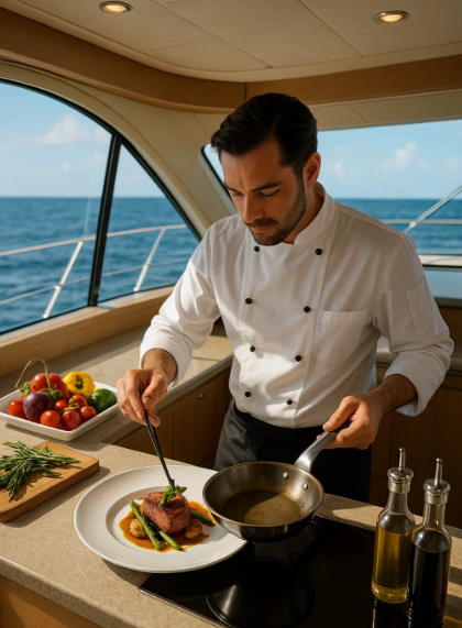 Private chef preparing gourmet seafood on a luxury yacht in Cancun – yacht chef for hire in Cancun