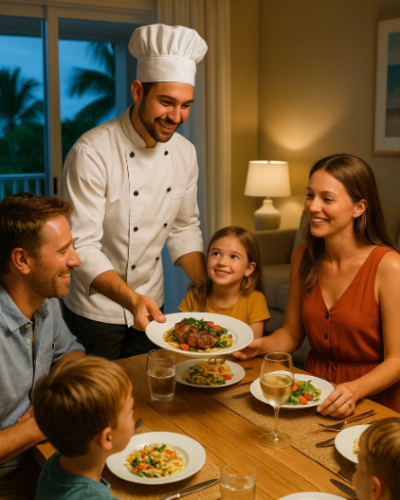 Private chef in Cancun serving dinner to a family with kids in a villa – family-friendly gourmet experience